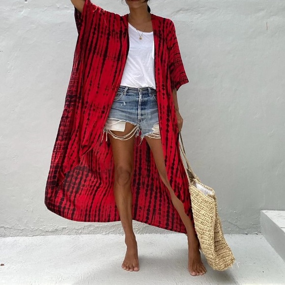 Red Tie Dye Boho Swim Coverup Kimono Robe - Picture 3 of 7